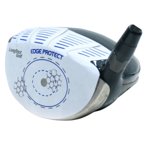 Close-up of Edge Protect label on club - LongShot Golf® Impact Label Golf Aid on Driver